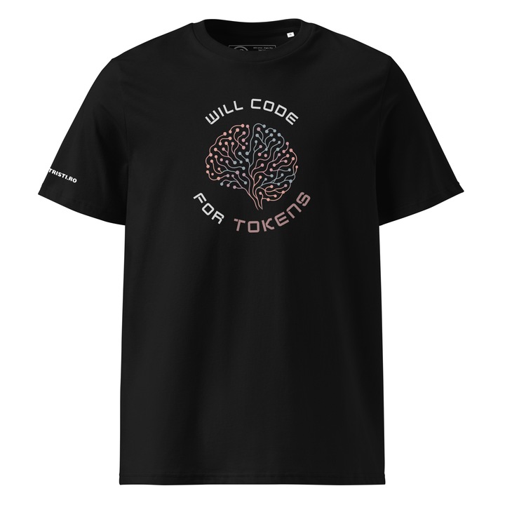 Tricou personalizat unisex programatori "Will code for tokens", Corporatristi.ro, bumbac organic, print rezistent