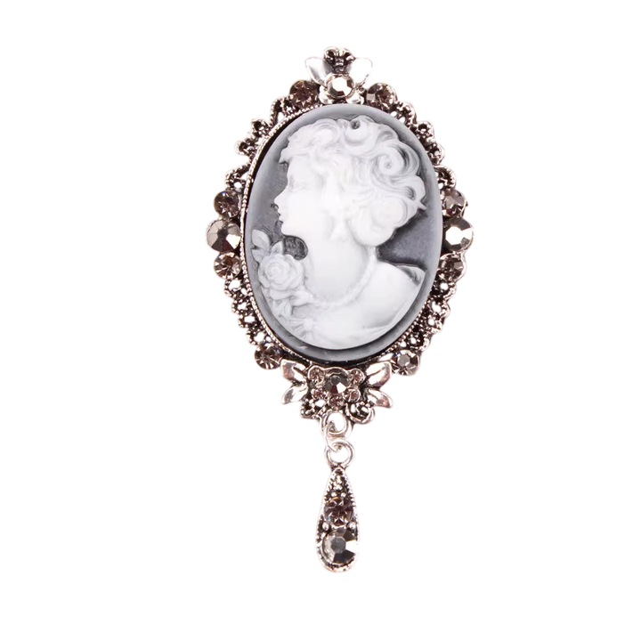 Broșa camee argintie, model 26, set cu cutie de bijuterii, alianță metalică