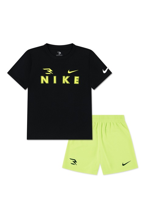 Nike, Set de pantaloni scurti si tricou cu logo - 2 piese, Negru, Verde fistic, 110-116 CM