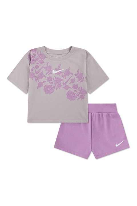 Nike, Set de pantaloni scurti si tricou din amestec de bumbac, Gri deschis/Gri inchis/Magenta
