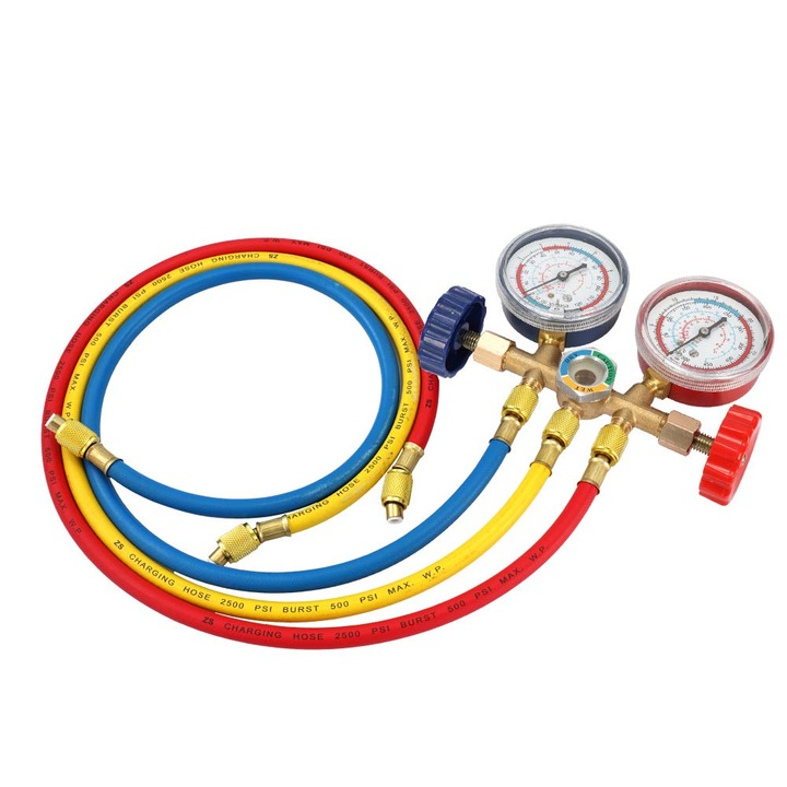 Vislone R134A légkondicionáló nyomásmérő készlet, tömlővel és kampóval, kompatibilis R12 / R22 / R404A / R134A