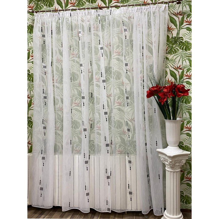 Perdea brodata mecanic, culoare alb/negru, din colectia "Geometry" by Liz Line, 300x245cm, cu rejansa PD1273