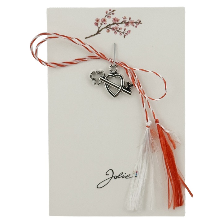 Martisor traditional Jolie, model Inima cu Cheie, cu snur impletit alb-rosu, 8.5 x 5.5 cm, argintiu