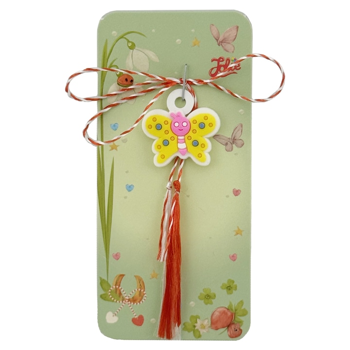 Martisor pentru Copii, Jolie, Model FLUTURE, din Cauciuc, cu Snur Impletit Alb/Rosu, Ambalaj Carton cu Design, Alb/Galben
