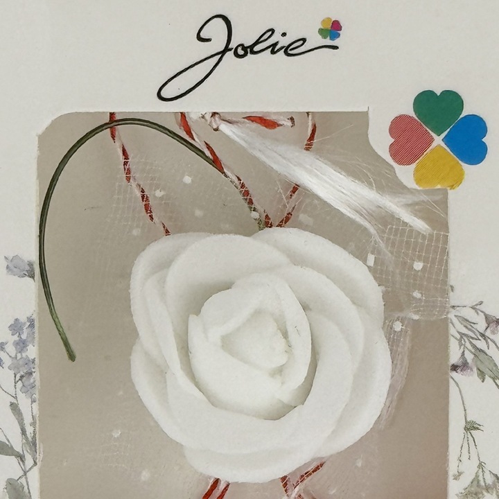 Martisor Motiv Floral, Jolie, Model Trandafir, cu Snur Alb/Rosu, 9 x 5 cm, Alb