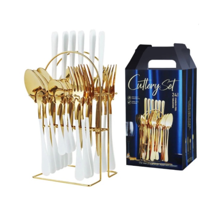 Set tacamuri 24 piese cu suport otel inoxidabil ALB AURIU