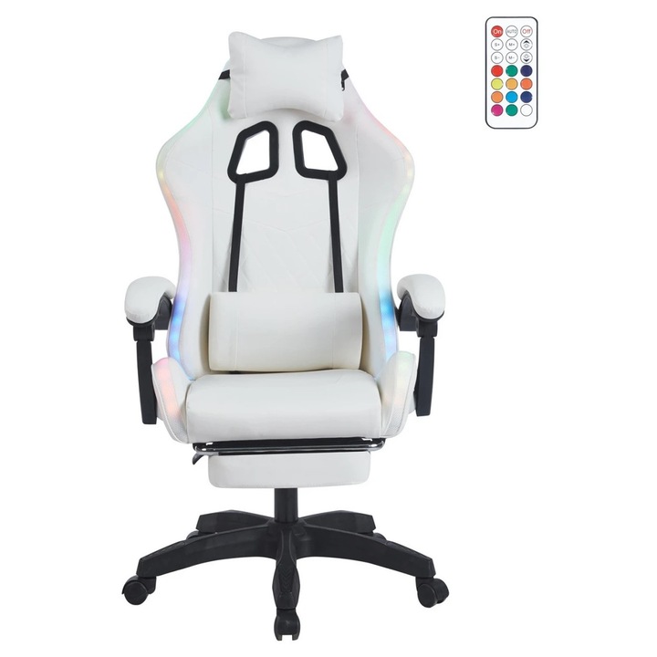 Scaun Gaming TOPSCAUNE®, Iluminare LED RGB Tip Banda Cu Telecomanda, Masaj Vibrator In Perna Lombara, Suport Picioare Retractabil, Spatar Ergonomic Recliner 90-135°, Perne Lombara Si Cervicala Detasabile, Tapiterie Piele PU Rezistenta, Alb