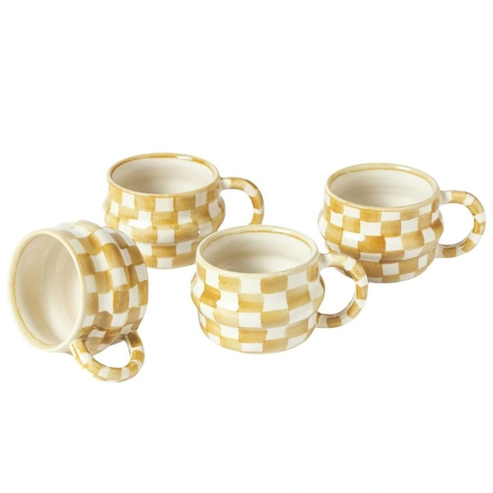 Комплект 4 чаши Nordal YSIA, керамика, бяло-жълто, 300 мл, кариран дизайн
