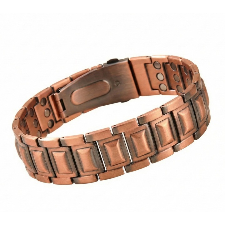 Bratara Magnetica Terapeutica din Cupru Masiv, Model Antichizat, Zale Geometrice Robuste, Design Masculin Ajustabil