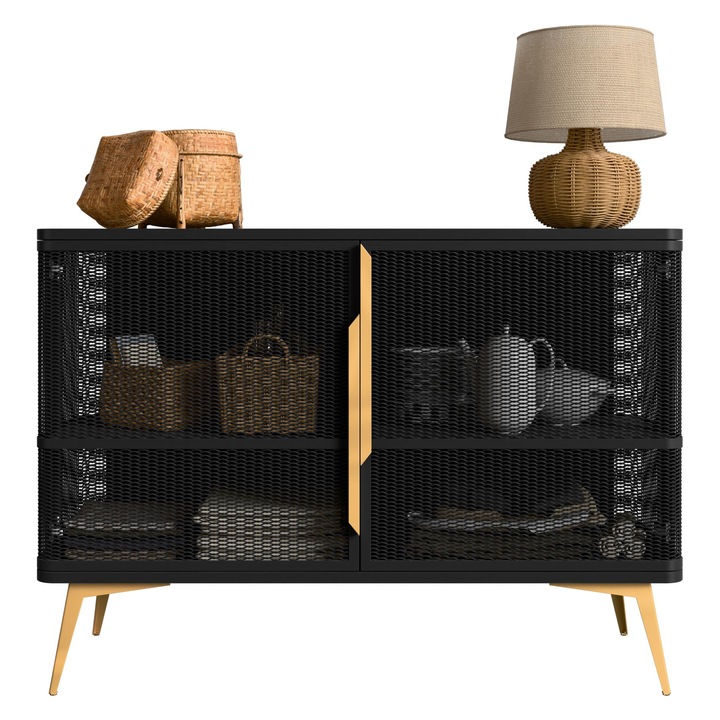 Comoda cu usi Bezor 2, MIRJAN 24, negru + auriu, 40x120x85 cm