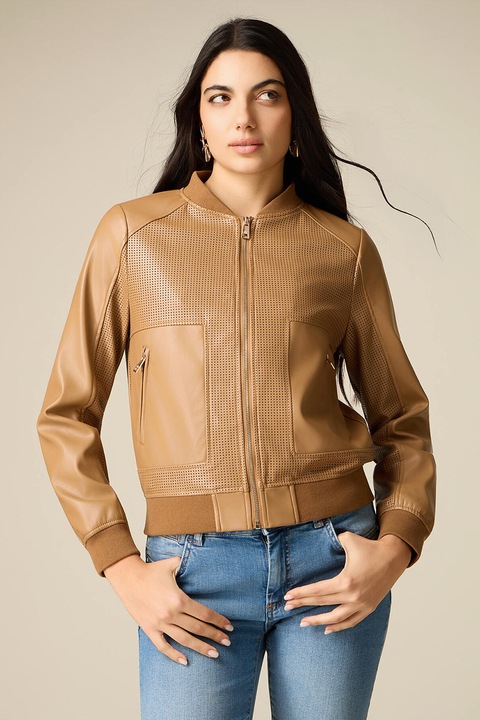 Oltre, Jacheta de piele sintetica cu perforatii decorative, Maro camel