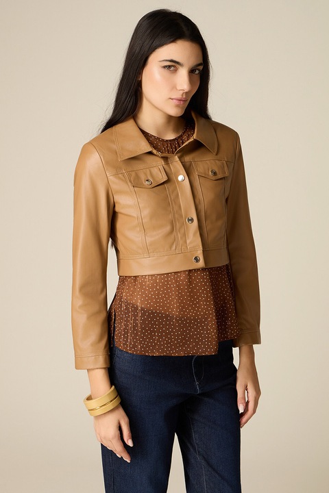 Oltre, Jacheta crop din piele sintetica cu guler, Maro camel