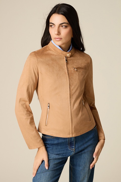 Oltre, Jacheta slim fit de piele intoarsa sintetica, Maro camel