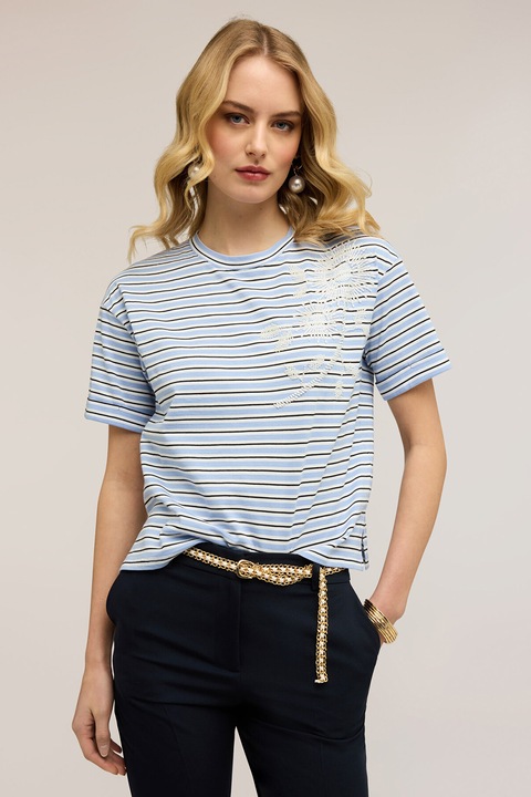 Motivi, Tricou de bumbac cu broderie florala, Albastru deschis