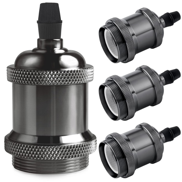 DiCUNO suport bec vintage E27, aluminiu + ceramica, Pearl Black, DIY, perete/tavan/masa, set 4 bucati, aspect antic