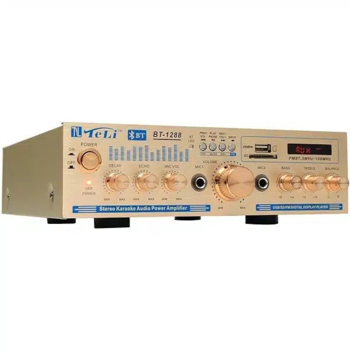 Amplificator -BT1388 cu Bluetooth, cititor USB, SD Card, 2 intrari microfon