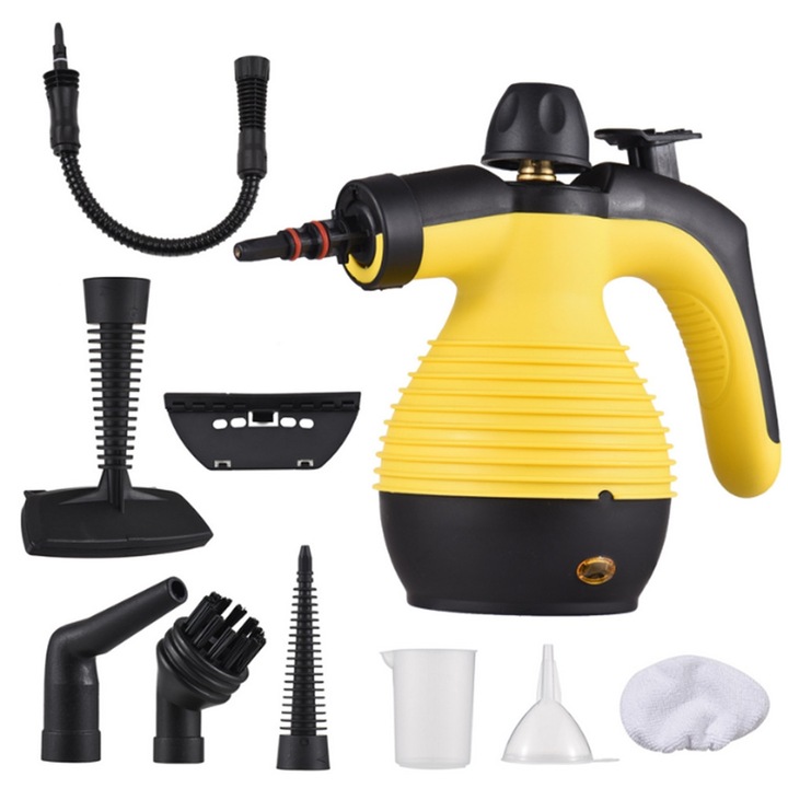 Aparat de curatat cu abur multifunctional, Bedee, Putere 1050W, Rezervor 350ml, Presiune ridicata, Temperatura 115°, Accesorii curatare suprafete multiple, Galben si negru, 27×25×22cm