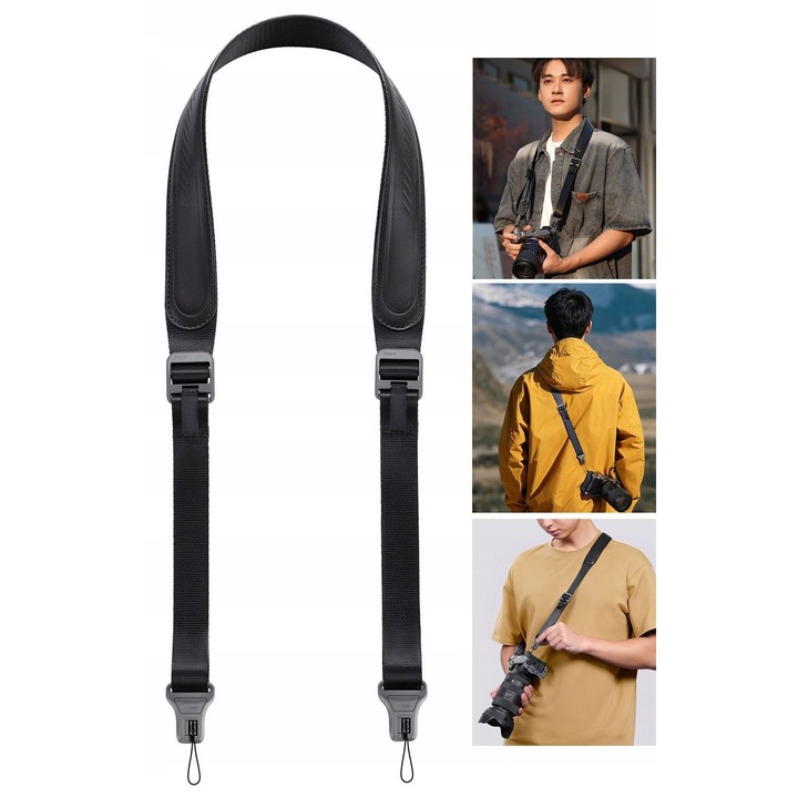 Curea camera, Ulanzi, CSS1, Negru, Capacitate de incarcare 60 kg, Eliberare rapida, Anti-rasucire, Confort premium, Sistem de eliberare rapida U-Snap, Reglare lungime 108-140 cm, Captuseala din spuma PU, Catarama de protectie de inalta rezistenta, Fibra