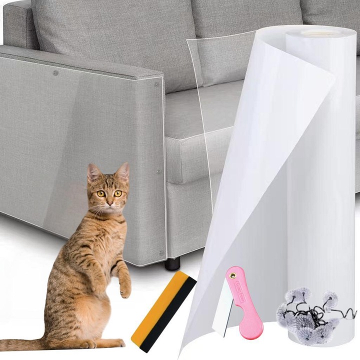 Folie de protectie pentru a impiedica animalele de companie sa zgarie mobila canapea, Transparent, Autoadeziv, Impermeabil, 300 cm x 45 cm, Include 30 de cuie spiralate, o racleta si un cutit