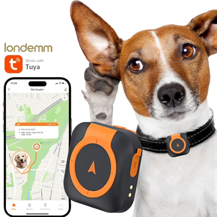 GPS Тракер LONDEMM за Кучета и Котки, Съвместимост с Приложение Tuya, 4G, Локализация в Реално Време, Мониторинг на Активността и Здравето, Избираема Виртуална Ограда, Устойчивост IP65, Универсално Закрепване към Нашийник, Черен