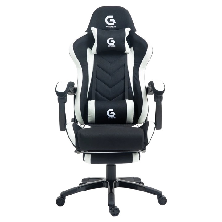 Scaun Gaming TOPSCAUNE®, Masaj Prin Vibratii In Perna Lombara, Sezut Cu Benzi Elastice, Suport Picioare Retractabil, Spatar Ergonomic, Functie Recliner 90-155°, Perne Lombara Si Cervicala Detasabile, Tapiterie Material Textil Rezistent, Negru/Alb