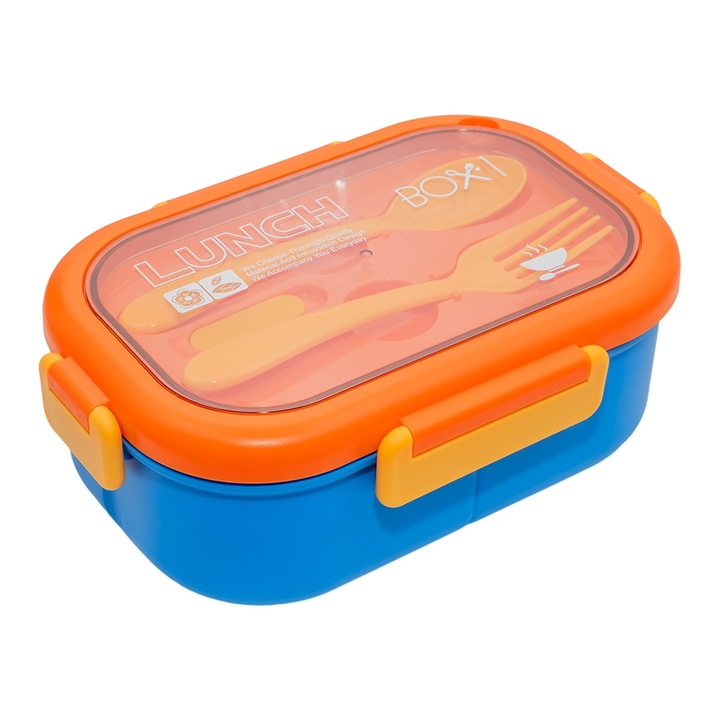 BiteBox - 1000 ml-es rekeszes uzsonnás doboz evőeszközkészlettel, Nebo, kék-narancs-sárga