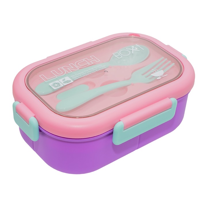 BiteBox - Caserola tip Lunch Box compartimentata 1000 ml, cu set tacamuri inclus, Nebo, mov-roz-turcoaz