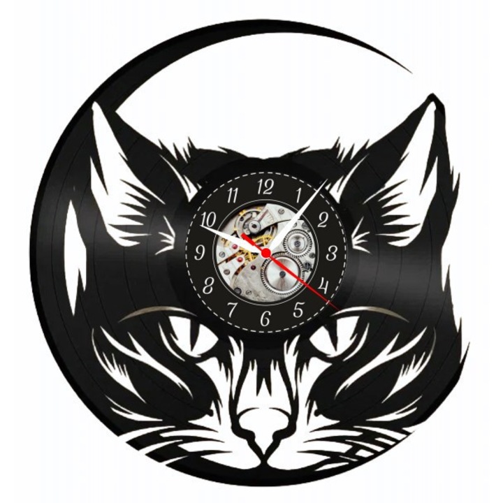 Ceas de perete decorativ "Mystic Cat Eyes", realizat din disc de vinil (Vinyl Record), design Animal Art & Pets, Negru, 30 cm