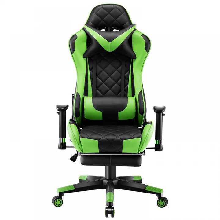 Scaun Gaming TOPSCAUNE®, Masaj Vibrator In Perna Lombara, Sezut Cu Benzi Elastice Pentru Sustinere Suplimentara, Cotiere 3D Reglabile, Suport Picioare Retractabil, Functie Sezlong Recliner 90-180°, Spatar Ergonomic, Tapiterie Piele PU Rezistenta, Negru/Ve