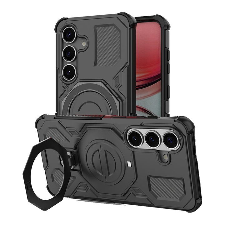 Husa pentru Samsung Galaxy S26 Plus, IronShield Defense, Anti-Soc, Pernute tip AirBag, Inel Rotativ 360, Compatibil cu Suporturi Magnetic, Prindere Ferma, Anti-Zgarieturi, Negru