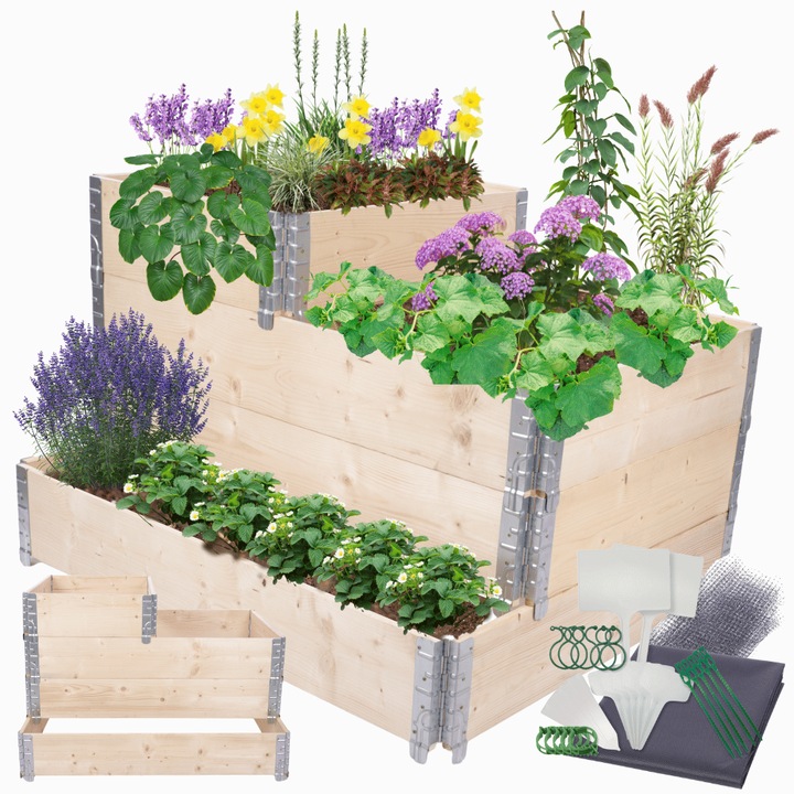 Jardiniera gradina inaltata MODO24, 60x120x100cm, bej, set cu accesorii de gradinarit