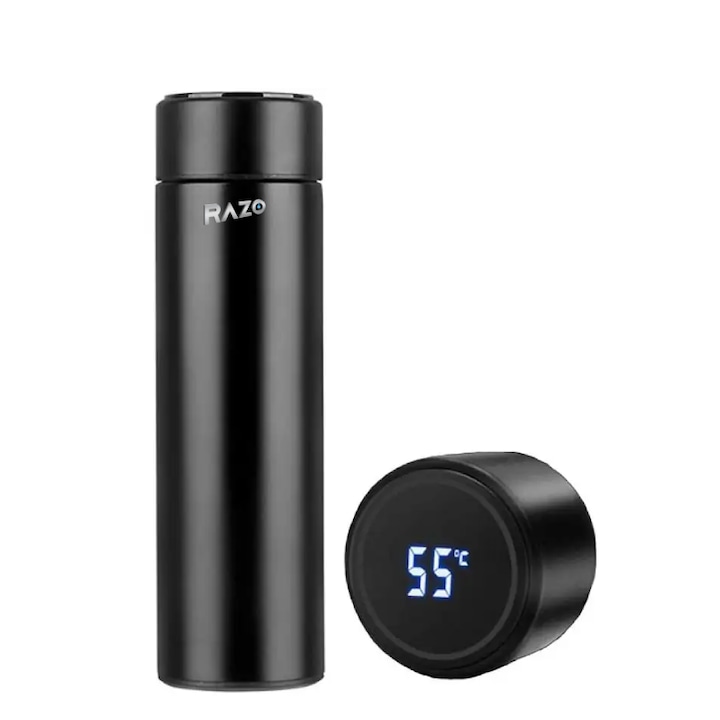 Razo Smart LED termosz, digitális hőmérséklet kijelző, intelligens termosz bögre, 500 ml, rozsdamentes acél, szivárgásmentes, 360°-os vákuumszigetelés, 12 óra melegen/hidegen tartás, ideális kávéhoz, teához és vízhez, fekete