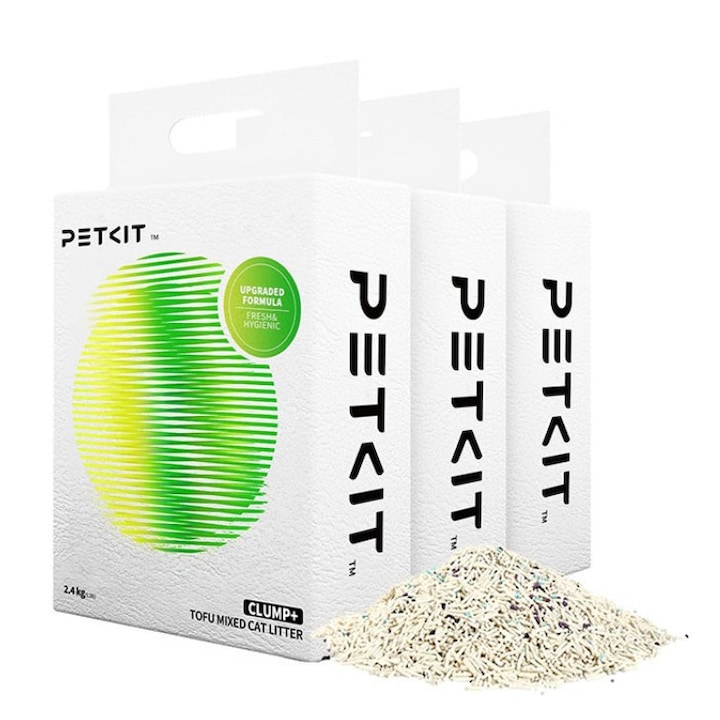 Set 3 cutii nisip litiera mixt, tofu si bentonita PETKIT Clump+ Tofu Mixed Cat Litter, 2.4 kg/cutie, absorbtie rapida