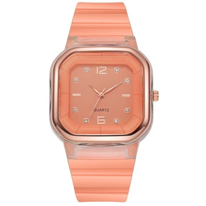 Ceas femei IZMAEL LA-33747, portocalie, cadran patrat, bratara silicon, 22cm