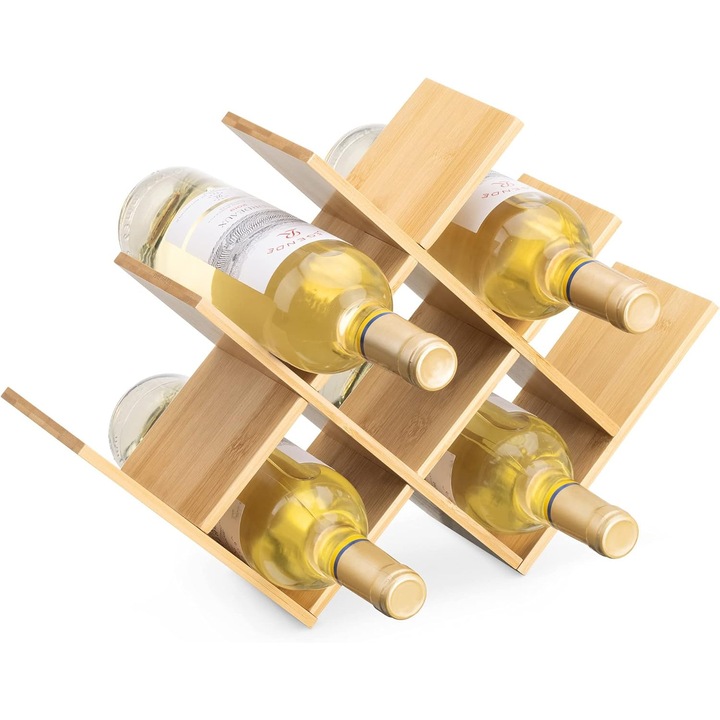 Suport pentru sticle de vin Navaris din bambus, compact, capacitate 8 sticle, natur, 43.5x10x29.5cm