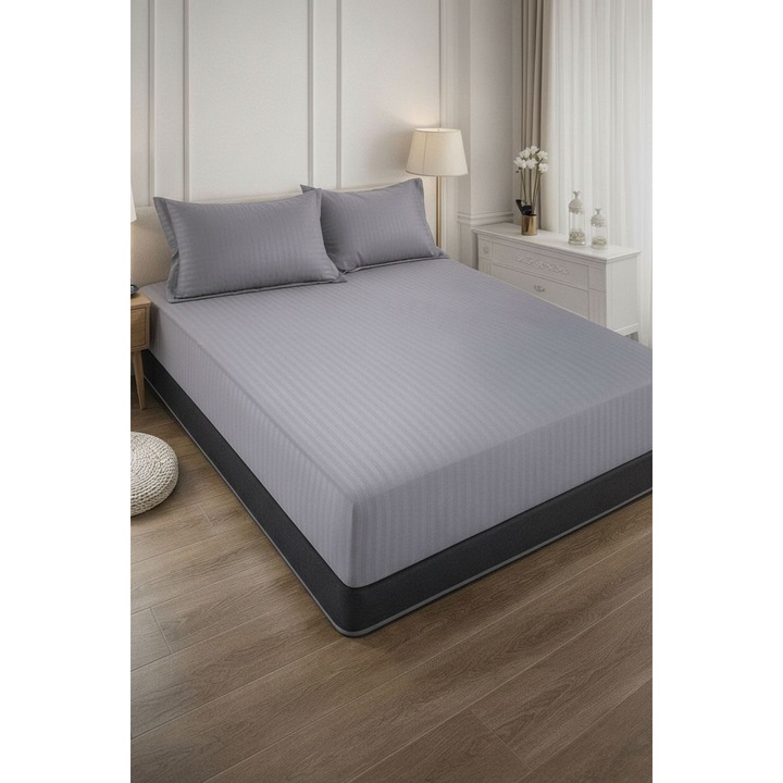 Husa de Pat cu elastic + 2 fete de perna, 180x200 cm, bumbac damasc, gri antracit