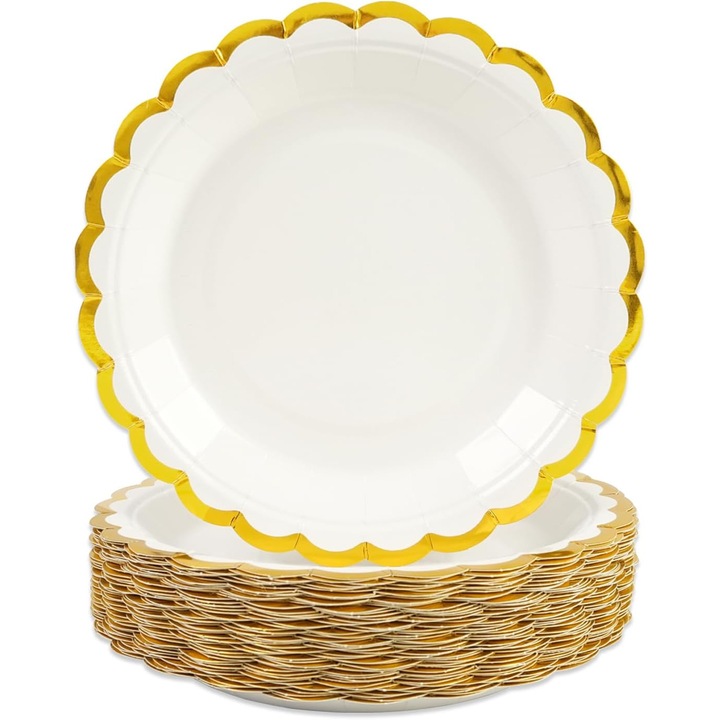 Комплект 48 картонени чинии, 23 см, бяло със златно, за партита, рождени дни, сватби