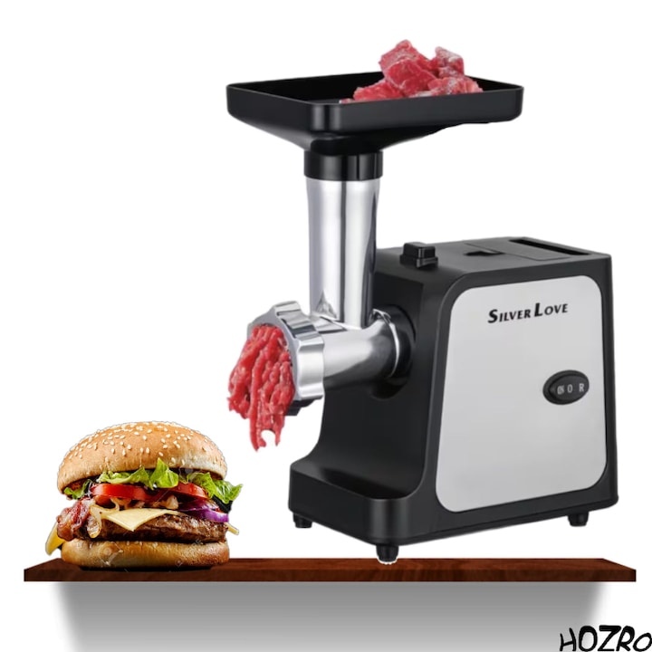 Masina Electrica de Tocat Carne HOZRO, 1000W, Otel Inoxidabil, Cu Accesoriu pentru Carnati, Rapida si Eficienta, Ideala pentru Bucatarie de Acasa si Prepararea Carnii pentru Burgeri, Tocanite sau Mezeluri de Casa