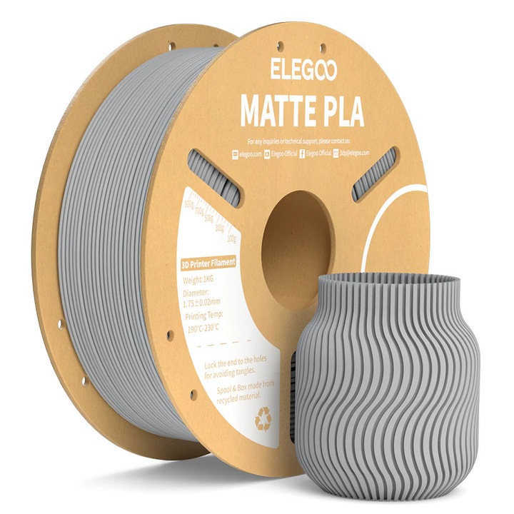Филамент, Elegoo PLA Мат, 1кг, Шистово сиво, за 3D принтер
