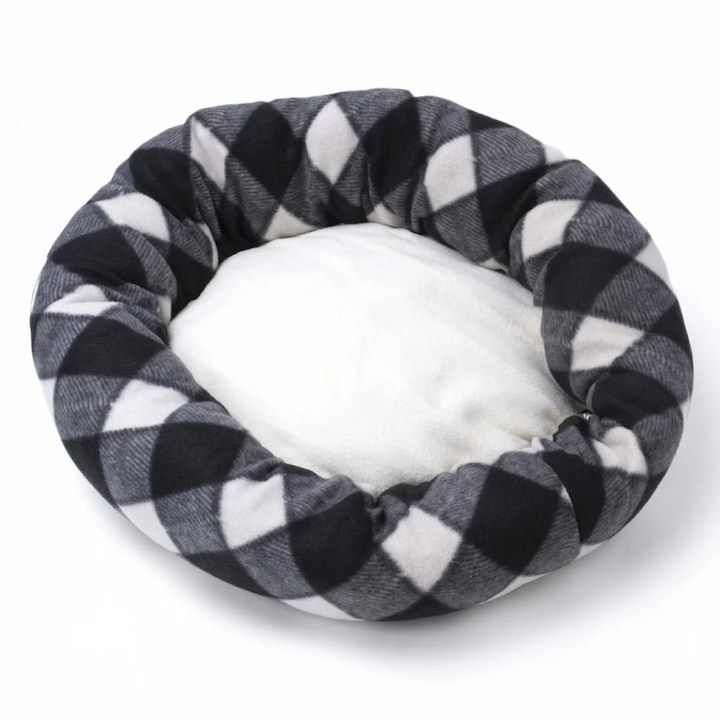 Pat Pisici HASEPER® Rotund Cu Carouri Din Poliester, Culcus Pisici Cald Si Moale Pentru Interior, Pat Animale Companie Pentru Pisici Si Caini Talie Mica Cu Baza Impermeabila, Pat Pisici Confortabil Usor De Intretinut, Culcus Pisici Design Modern Negru
