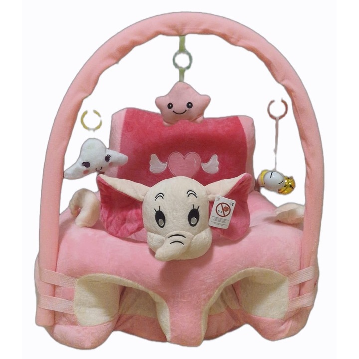 Fotoliu bebe cu perna pe sezut, cu spatar si arcada - Elefant roz