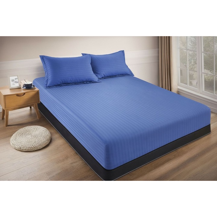 Husa de pat cu Elastic + 2 fete de perna, 180x200 cm, bumbac damasc, culoare albastru regal