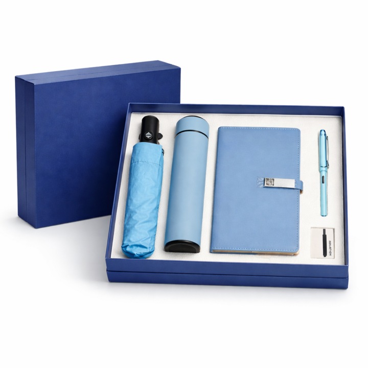 Set cadou premium 4 piese – Umbrela automata 8K antivant, Termos 450 ml digital, Agenda A5, Stilou – Albastru