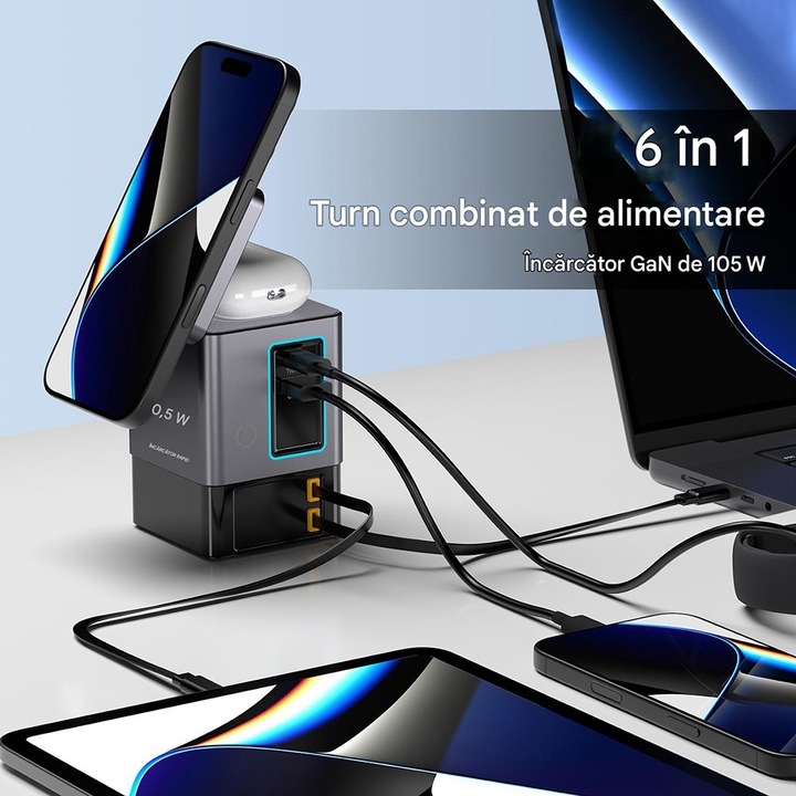 Зарядна станция Power Combo Tower i116Max, 105W, 4 порта, безжично зареждане 15W, вградени кабели, USB-A, USB-C, за телефон, таблет, лаптоп, офис, дом