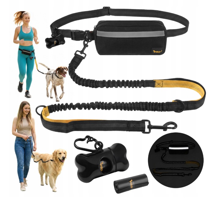 Lesa alergare caini cu centura hands-free, amortizor soc, reglabila si reflectorizanta, cu borseta detasabila, pentru mers si jogging, caini pana la 50 kg