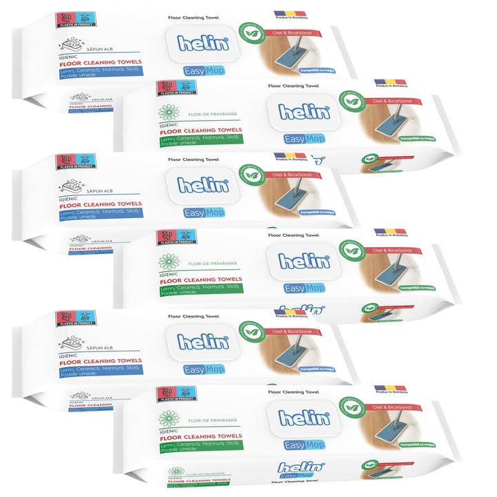 SET 6 X Servetele umede pentru mop si suprafete multiple Helin MIX cu bicarbonat si otet alb 6 X 36 bucati, fara clor si coloranti