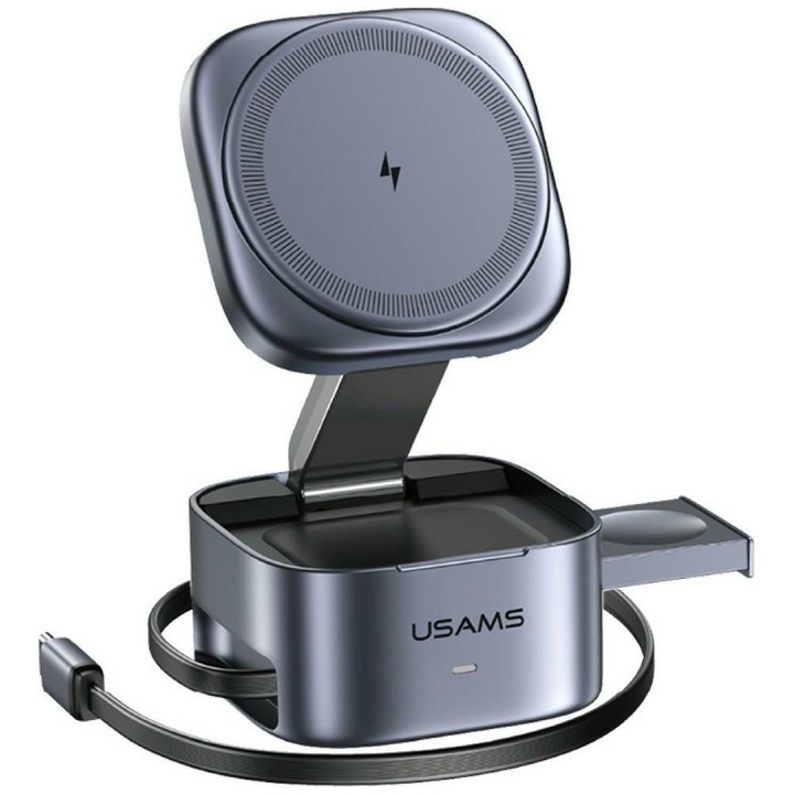 Statie de incarcare 3 in 1 Usams CD257, Incarcare Wireless 15W, Compatibil MagSafe, USB-C, Gri