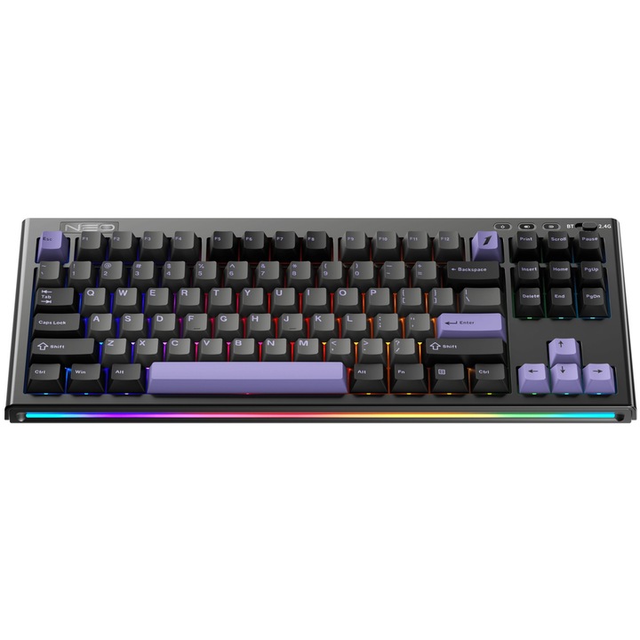 Tastatura Mecanica Gaming 1stPlayer® NEO87 Midnight Violet, 88 taste Lavender Switch, Iluminare RGB, conectivitate wired, 2.4G, bluetooth