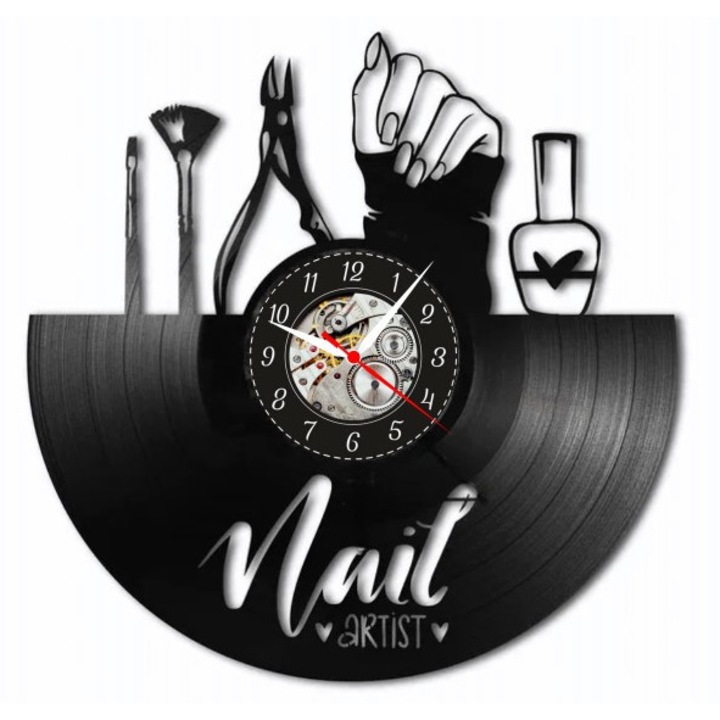 Dekoratív falióra "Nail Artist Studio", bakelitlemezből készült, Beauty & Fashion design