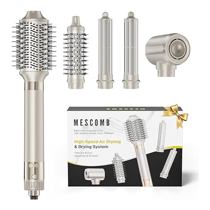 MESCOMB 5 в 1 Airstyler и комплект за оформяне – сешоар с йони, автоматична маша и четка за обем – бързо сушене и оформяне за къдрици, обем и изправяне без термично увреждане